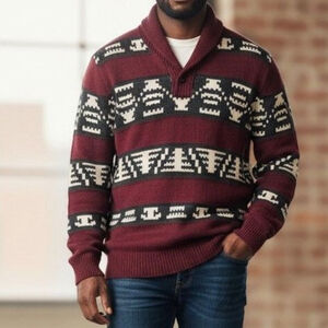 Men's American Eagle Aztec Tribal Shawl Neck Sweater - Maroon/Red L
